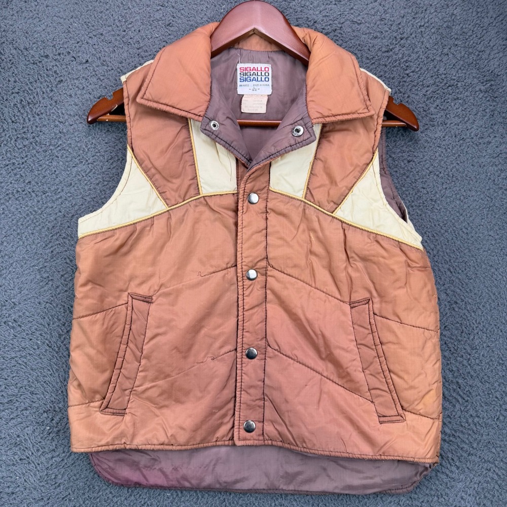 Vintage Sigallo Puffer Vest Brown Tan Colorblock Quilted Retro 70s Womens Large